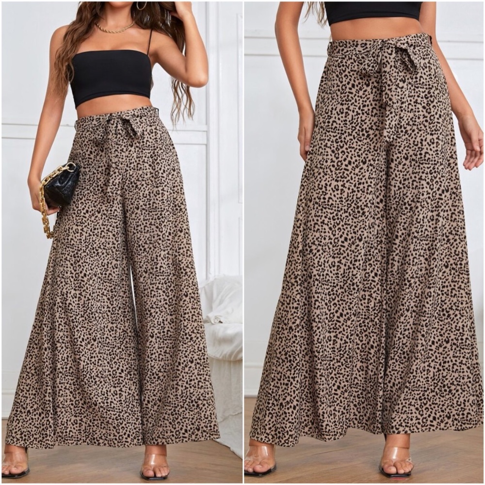 Khaki tan Leopard Print Wide Leg Palazzo Pants